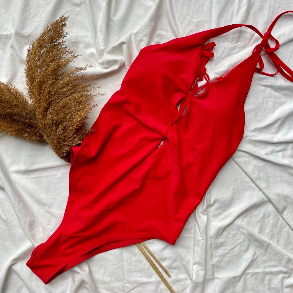 AERIE || Lace Up Front Halter One Piece Red Swim